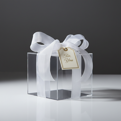 4-inch clear gift box with organza ribbon and tag