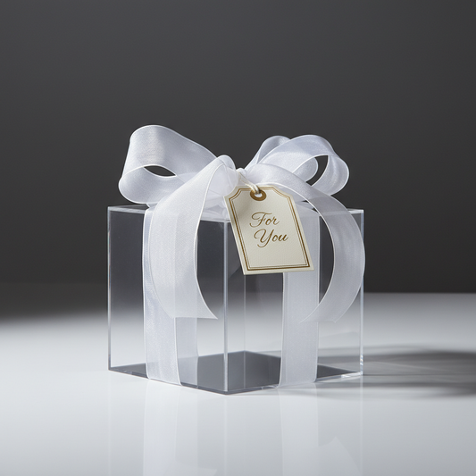 4-inch clear gift box with organza ribbon and tag