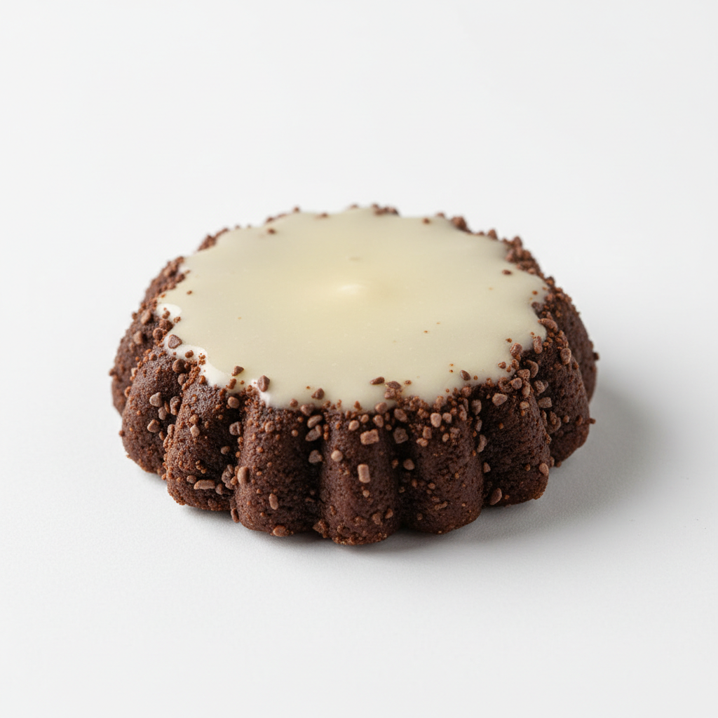 Malted chocolate petite cookie with ivory glaze and cocoa sprinkles