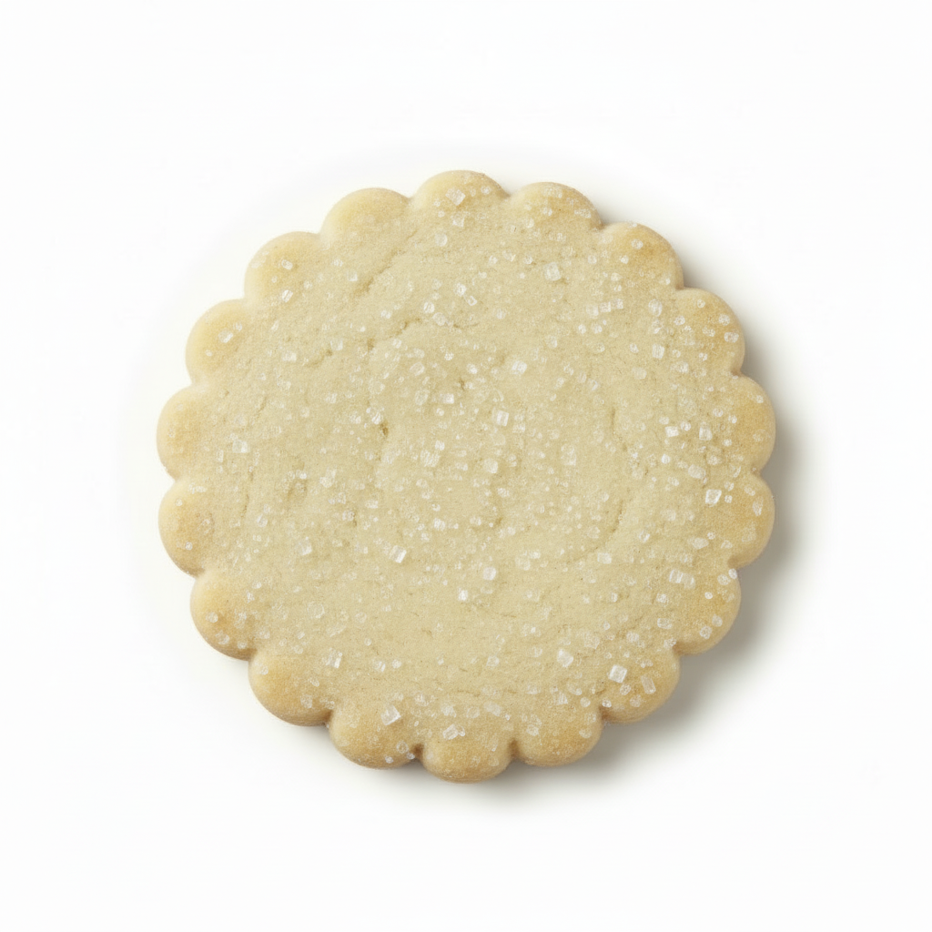 Large pale white scalloped shortbread cookie with sugar