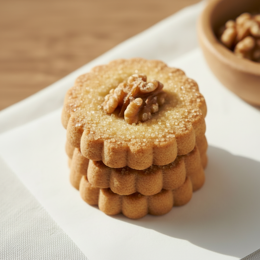 Whole Scalloped Shortbread Cookie with Walnut and Maple Sugar